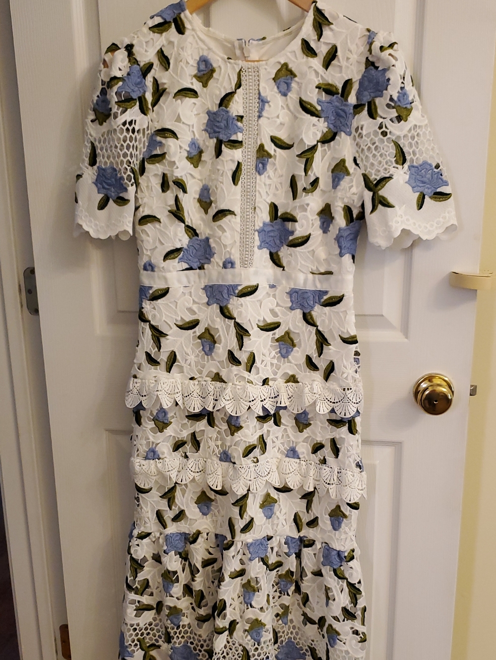 Just Me White Lace Midi Dress with Blue Floral Embroidery